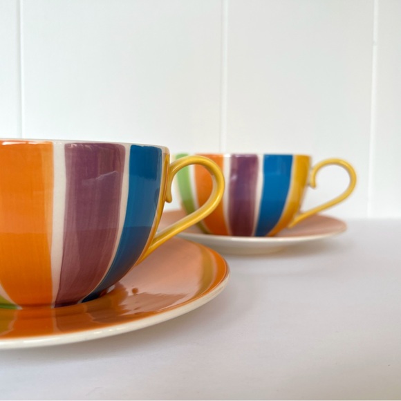 Vintage Hand Painted Cabana Stripes Cup & Saucer Set of 2 Canhome Thailand - Picture 11 of 13